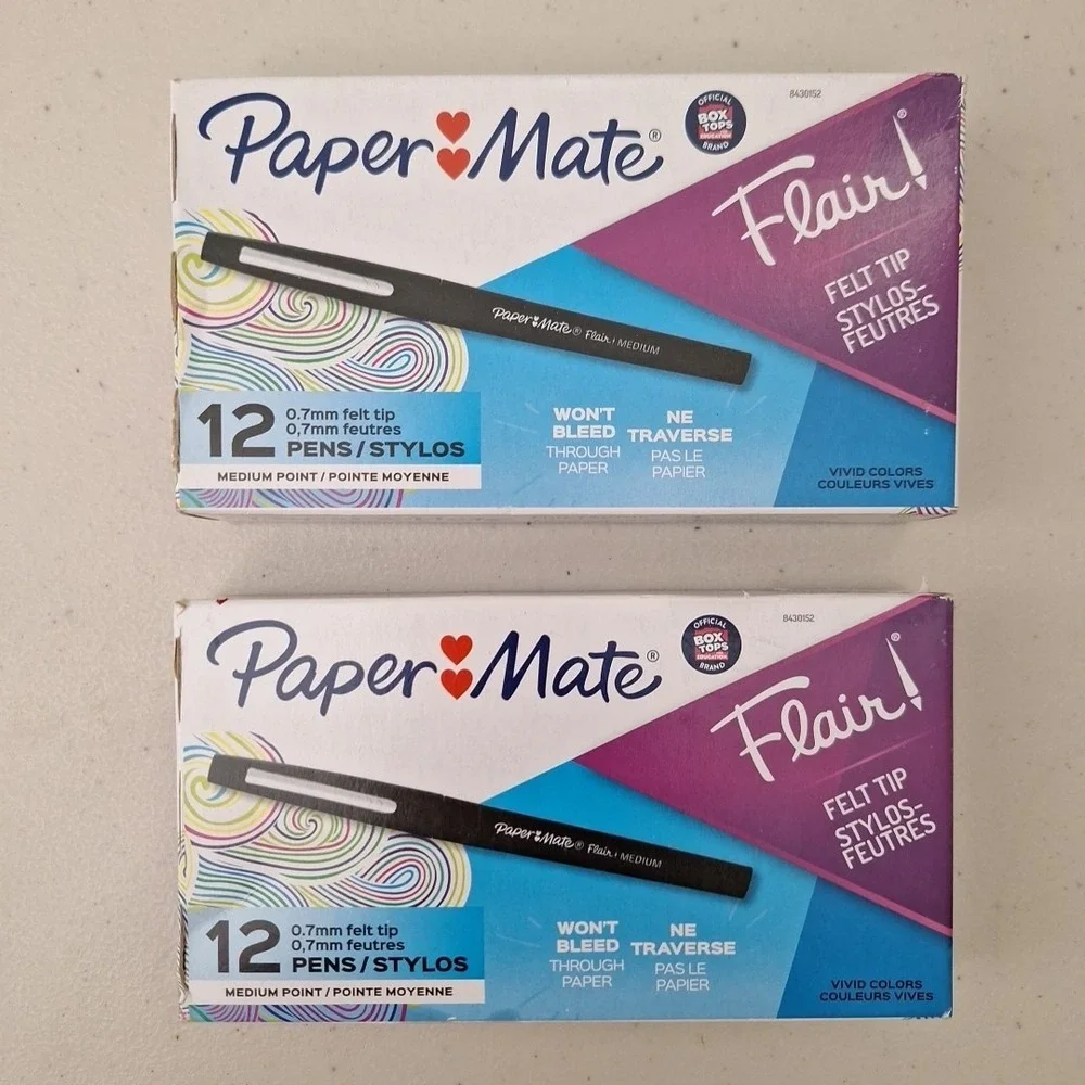 2 PACKS Paper Mate Flair Felt Tip Pens, Medium Point Black, 12 Count NEW